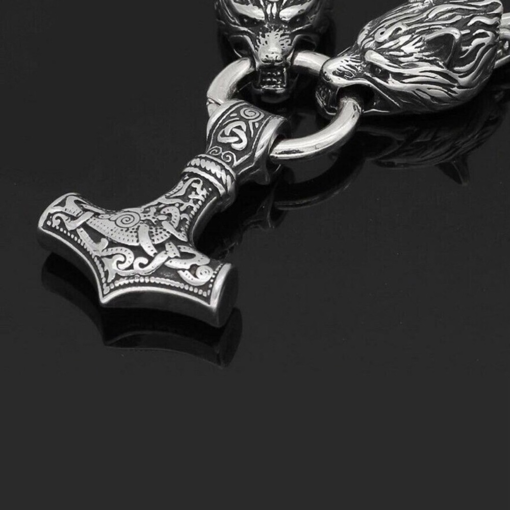 STAINLESS STEEL WOLF HEAD CHAIN WITH MJOLNIR mens chain